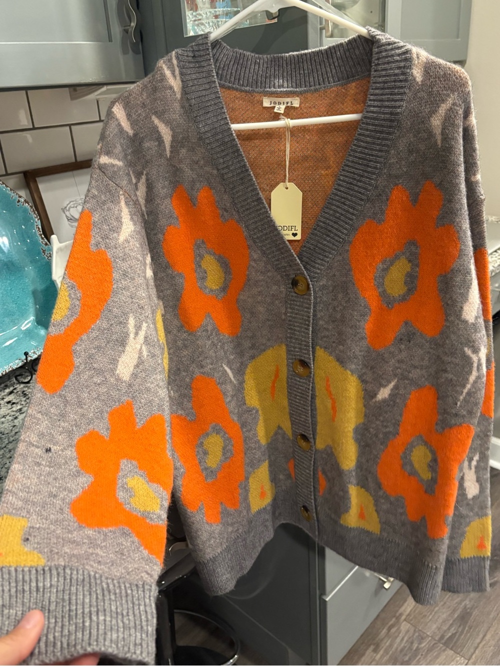 Floral V-Neck Cardigan Sweater - Gray with Orange & Yellow Blooms